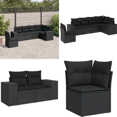 Set de sofás de jardín 6 piezas y cojines ratán sintético negro - Cojines para sofás - Ratán sintético