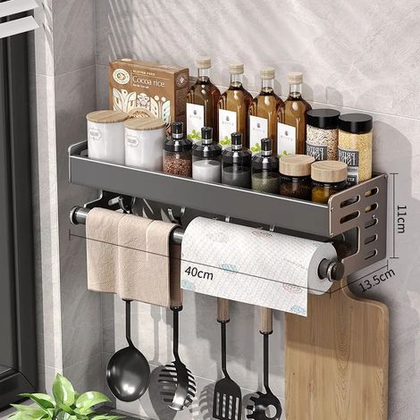 (40 cm B) Étagère de rangement murale multifonctionnelle en aluminium spatial couleur canon de fusil, sans perçage, porte-couteaux à épices, porte-essuie-tout et planche à découper. (1/5)