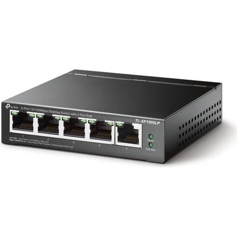 TP-Link Switch TL-SF1005LP Unmanaged Desktop Anzahl 5 10/100-Mbit/s-Ports (RJ-45) Anzahl 1-Gbit/s-Ports (RJ-45) Anzahl 4 PoE-Ports Anzahl PoE+-Ports Netzteil: Extern (1/3)