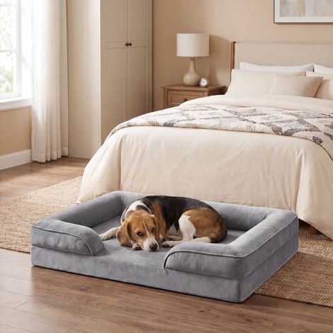 Canapé pour Chien en Mousse, Lit Déhoussable et Imperméable, Fond Antidérapant, 89 x 63 x 16 cm, Gris (1/3)