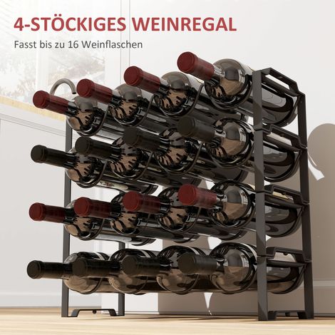 Casier à vin 4 étages, sur pied, capacité 16 bouteilles, en métal noir, rangement vertical. (1/4)