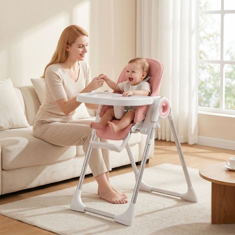 Chaise Haute Bébé Pliable 6-36 Mois, Réglable en Hauteur, Double Plateau Amovible, Roulettes, Rose (1/5)