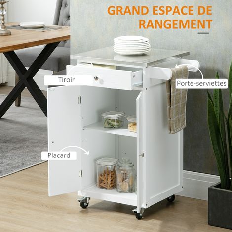 Desserte de cuisine MDF et acier inoxydable avec tiroir, placard 2 portes, étagères réglables et roulettes freinables blanc gris (1/5)