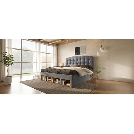 Lit double gris 140x190 cm en velours avec sommier à lattes, tête réglable et rangements pour chambre et suite (1/5)