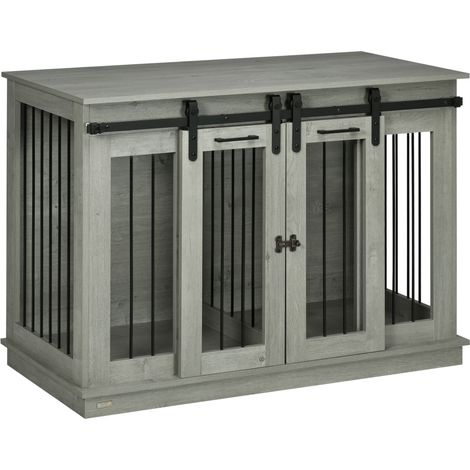 CHICFURN Gabbia per cani 120 x 60 x 88,5 cm in legno grigio, doppia porta, 2 spazi, 60 kg (1/5)