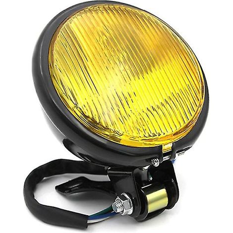 Faro delantero universal redondo retro para motocicleta en metal amarillo, 35W 12V, con soporte, acabado galvanizado negro vintage. (1/5)
