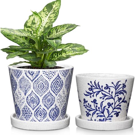 2er Set Keramik Blumentöpfe mit Untersetzer, blau-weiß, für Sukkulenten (1/5)