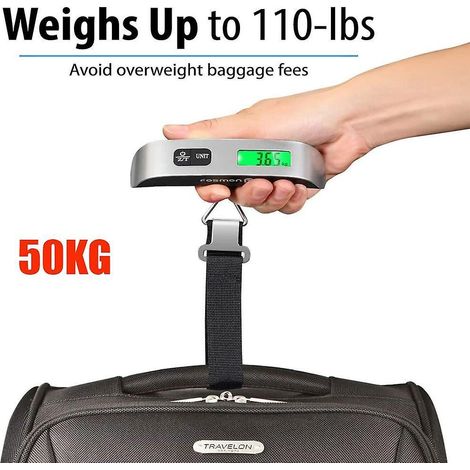 Elektronische Gepäckwaage 50 kg mit LCD-Bildschirm, ideal für Reisen und Koffer.