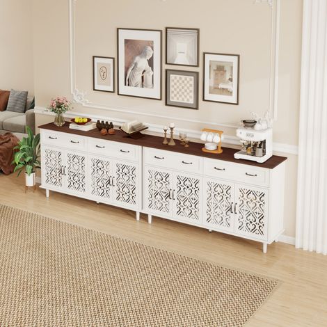 Sideboard aus Spanplatte in Weiß mit 4 geschnitzten Türen und 2 Schubladen, verstellbare Einlegeböden (1/5)