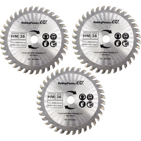 3 pièces Mini scie circulaire à main HM Lame de scie circulaire pour bois, stratifié, plastique, aluminium Ø 85 mm x 10 mm 36 dents compatible avec Matrix MCS 500-1, PARKSIDE, Einhell, Worx et autres (1/5)