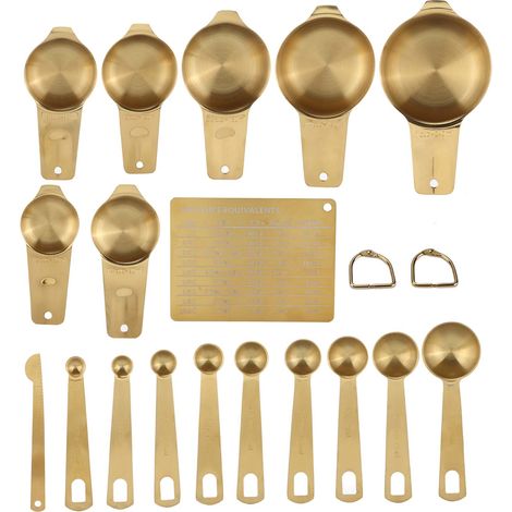 Ensemble de 18 tasses à mesurer en acier inoxydable doré, cuillères à café et autres ustensiles de cuisine. (1/5)