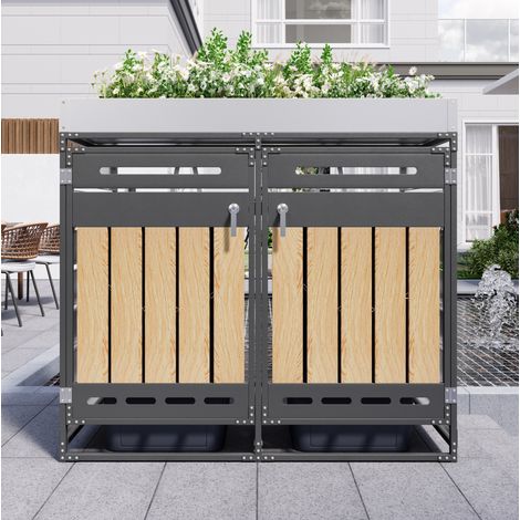 Cobertizo doble para cubos de basura 137x79x125 cm de hierro negro con jardinera – MEUBLIV (1/5)