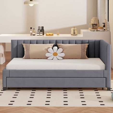 Lit rembourré 90 x 200 cm canapé-lit gigogne multifonctionnel à lattes lit enfant ou d'appoint en velours gris – confortable et pratique (1/4)