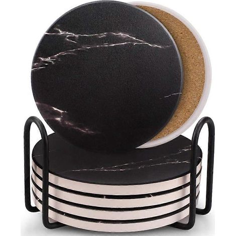 Dessous de verre en céramique imitation pierre, lot de 6, avec support en métal, base en liège et motif marbre noir. (1/5)