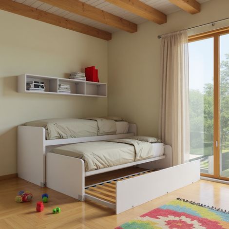 Coppia letti singoli scorrevoli con ruote e contenitori - Made in Italy - Bianco