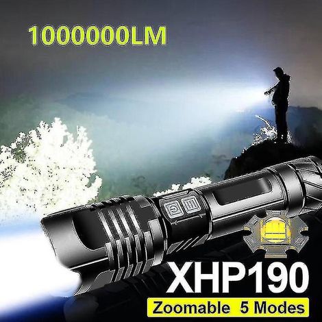 Lampe torche LED ultra-puissante 1 000 000 lm Super Xhp190, rechargeable par USB, avec zoom et batterie 18650. (1/5)