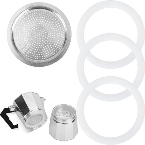Filtres à café réutilisables, Joint universel pour cafetière et filtre en acier inoxydable, 6 tasses 300 ml (3 joints en silicone + 1 filtre)
