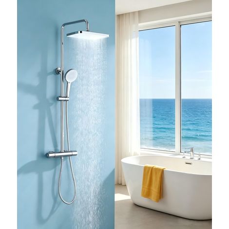 Columna Ducha Termostática, ensemble complet de robinetterie de douche, pommeau de douche effet pluie 33 × 21 cm, douchette à main avec 3 jets, Système de douche avec thermostat réglable en hauteur (1/5)