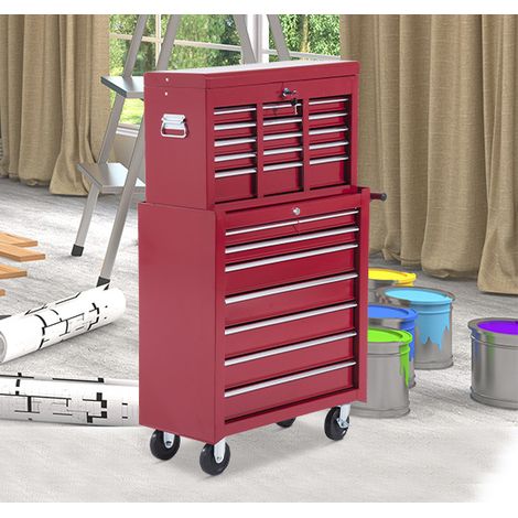 Carrello portautensili in acciaio rosso con 16 cassetti e serratura (1/5)