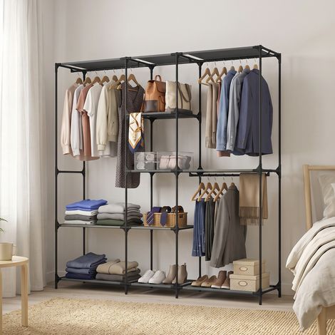 Armoire ouverte gain de place avec 3 tringles, 5 étagères, structure en acier, 182 x 43 x 182 cm, noire (1/5)