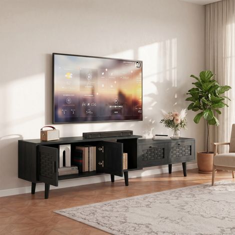 Meuble TV - 2 tiroirs et 2 portes - longueur ajustable - Style scandinave - Bois et PVC - Noir (1/5)
