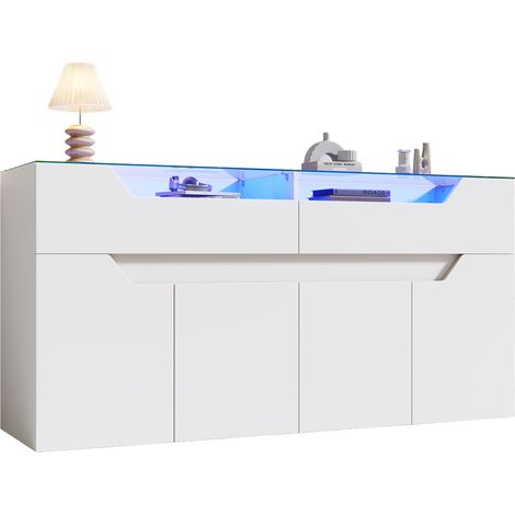 CHICFURN Aparador 140x40x70 cm de MDF blanco con tapa de vidrio templado, 2 cajones y LED (1/5)