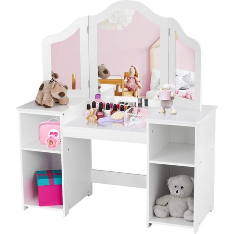 COSTWAY Tocador para Niñas con Compartimentos Abiertos Escritorio con Espejo Extraíble Mueble de MDF Estantería (1/5)