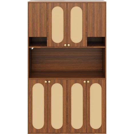 Aparador alto de MDF con PE ratán y LED regulable, 8 puertas, natural (1/5)