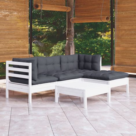 Salon de jardin 5 pcs Ensemble Table et Chaise de Jardin - avec coussins Blanc Bois de pin BV792450 - BonneVie (1/5)