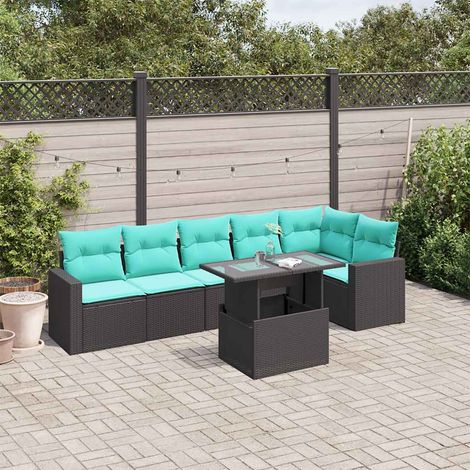 7-teiliges Gartensofa-Set mit Kissen, schwarzes Polyrattan (1/5)