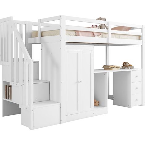 Hochbett Einzelbett mit Schreibtisch, Kleiderschrank, 3 Schubladen und Stauraumtreppe 90 x 200 cm ohne Matratze (1/5)