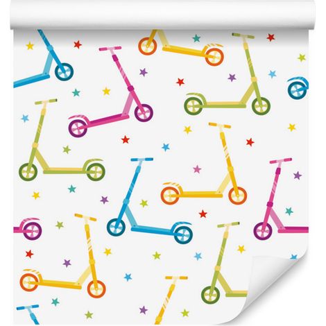 Papel pintado de scooters coloridos con estrellas para salón y dormitorio, 50x1000 cm. (1/5)