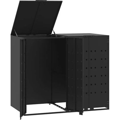 Casier roulant pouvant contenir deux poubelles, en acier noir. (1/5)