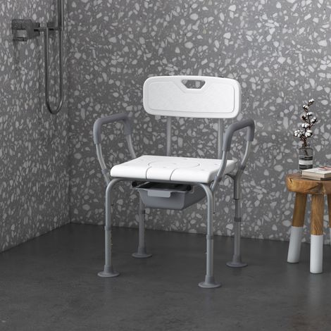 Duschstuhl mit Toilettenstuhl und Eimer, höhenverstellbar, rutschfeste Füße, max. Belastbarkeit 136 kg, aus weißem HDPE-Aluminium
