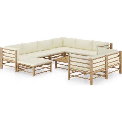 10-tlg. Garten-Lounge-Set mit Cremeweißen Kissen Bambus