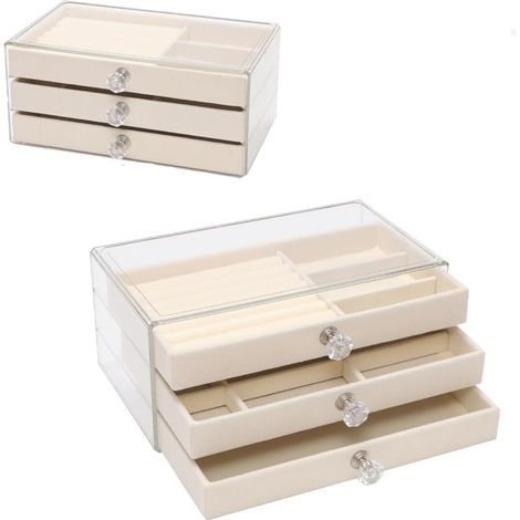 Boîte à bijoux en acrylique, boîte à bijoux à 3 niveaux, tiroirs en velours, grille de rangement pour les boucles d'oreilles, les bagues, les colliers et les bracelets des femmes et des filles Beige