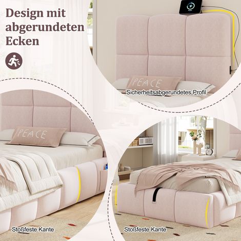 Lit enfant 90x200cm, sommier hydraulique intégré, tête de lit rembourrée en velours rose, coffre de rangement spacieux, port USB, structure matelassée, lit fonctionnel avec sommier à lattes. (1/5)