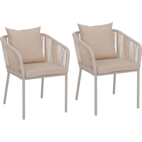 [NEUWERTIG] 2er-Set Gartenstuhl HHG-616, Outdoor Armlehne, wetterfest Aluminium Seilgeflecht Rope creme, Kissen creme