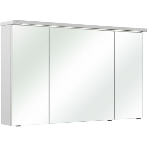 Badezimmer Spiegelschrank FES-4005-66 Hochglanz Lack Polarweiß, mit LED-Kranzbeleuchtung - B/H/T: 122/72,2/17-24cm (1/4)