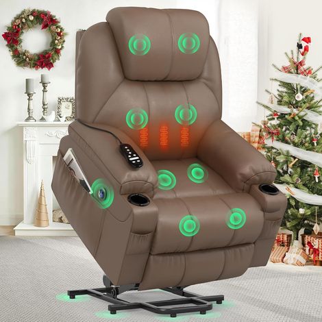 Fauteuil TV électrique réglable, fauteuil de massage avec fonction d'aide au lever, chauffage et repose-pieds, équipé de 2 poches latérales et d'un porte-gobelet, prise USB, café PU