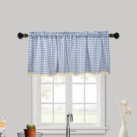 Kurze, karierte Küchengardinen, inklusive Gardinenblende – 74 x 91 cm – Blau (1/4)