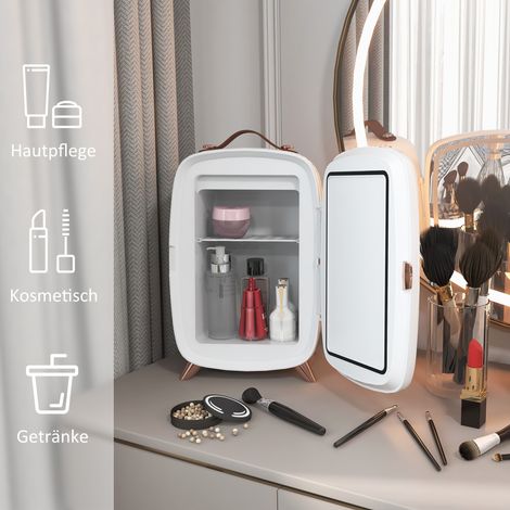 Mini réfrigérateur portable 6L blanc, silencieux, pour cosmétiques, boissons et snacks, avec miroir lumineux. (1/5)