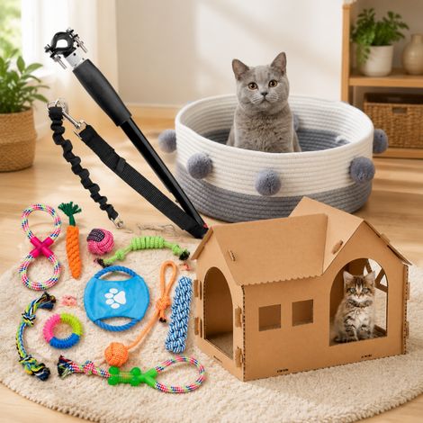 Set de confort para gatos y perros (4 piezas): correa para bicicleta, juguetes para perros, casita para gatos y cama de algodón para gatos (1/5)