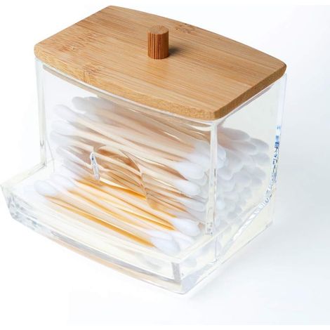 Support Pour Cotons-Tiges - Boîtier Acrylique Transparent Avec Couvercle En Bambou - Pour Salle De Bain Et Table De Maquillage - 1 Pièce (1/4)