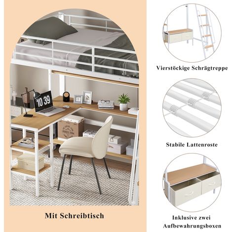 Lit superposé en fer avec bureau et étagère de rangement, escalier incliné à 4 marches, 2 coffres en tissu inclus, blanc et bois naturel, 90x200 cm, cadre en métal et MDF (1/5)