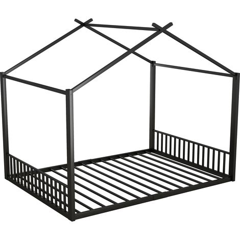 Kinderbett Einzelbett 140 x 200 cm mit Hausrahmen, ohne Matratze, aus Metall Schwarz (1/5)