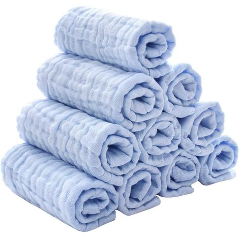 Lot de 10 gants de toilette en coton mousseline naturelle - lingettes douces pour bébé, serviette visage nouveau-né hypoallergénique, taille 30x30 cm, bleu, idéal pour la douche et liste de naissance (1/5)