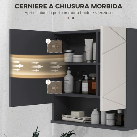 Armoire de toilette murale grise 2 portes miroir, étagères bois ajustables, 55x17x55 cm. (1/5)