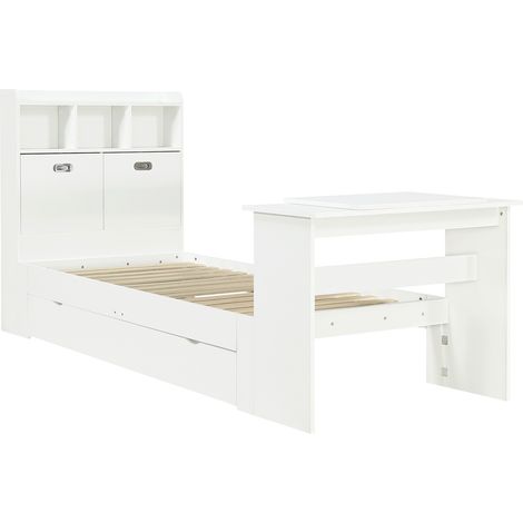 Lit enfant 90x200 cm avec rangement, tiroir réversible et table pliante, blanc (1/5)