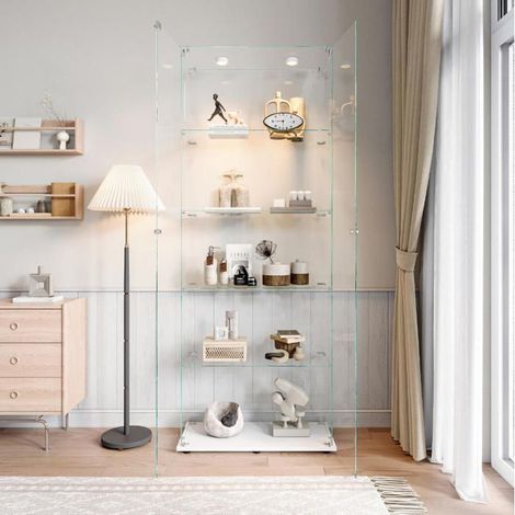 Vitrine, Vitrine aus Glas 78,5x34,5x186,5 cm, Vitrinen-Schrank, Wohnzimmerschrank, Büro, Runde Lampe, 2 Türen, 5 Ablagen, Weiß (1/5)